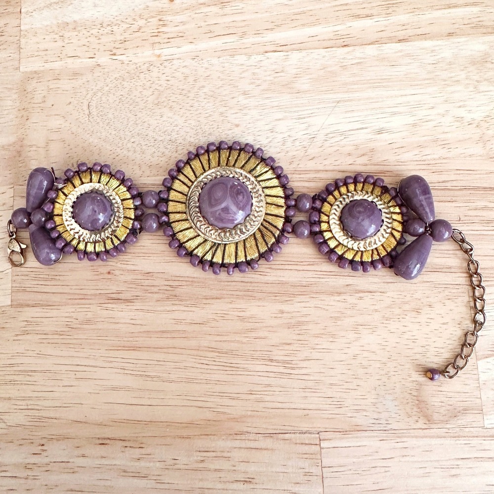Vintage Purple Gold Sunburst Cuff Bracelet Amethyst Glass Cabochon Lotus‎ Mark
